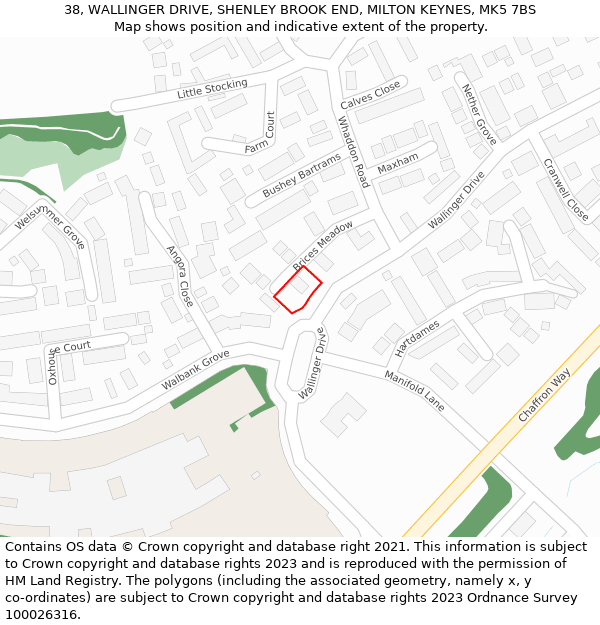 38, WALLINGER DRIVE, SHENLEY BROOK END, MILTON KEYNES, MK5 7BS: Location map and indicative extent of plot