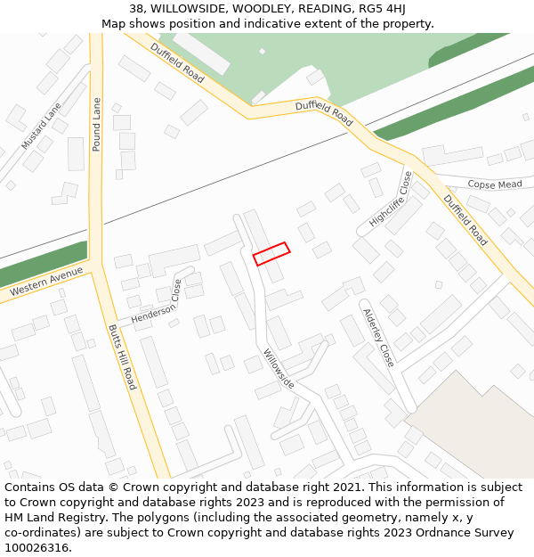 38, WILLOWSIDE, WOODLEY, READING, RG5 4HJ: Location map and indicative extent of plot