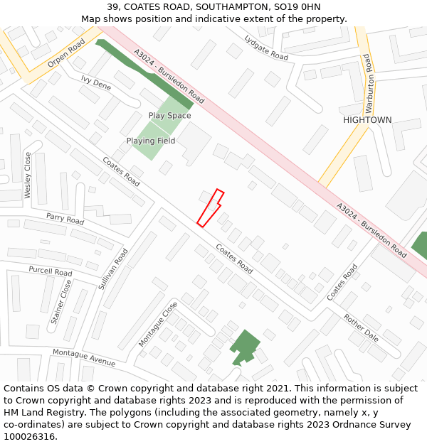 39, COATES ROAD, SOUTHAMPTON, SO19 0HN: Location map and indicative extent of plot