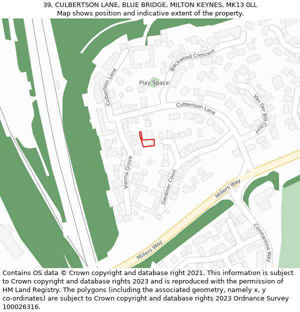 39, CULBERTSON LANE, BLUE BRIDGE, MILTON KEYNES, MK13 0LL: Location map and indicative extent of plot