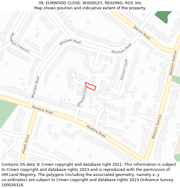 39, ELMWOOD CLOSE, WOODLEY, READING, RG5 3AL: Location map and indicative extent of plot