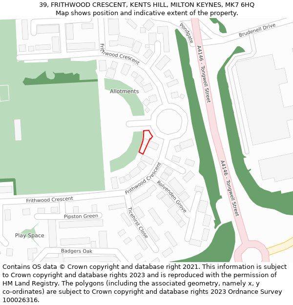 39, FRITHWOOD CRESCENT, KENTS HILL, MILTON KEYNES, MK7 6HQ: Location map and indicative extent of plot