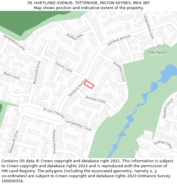 39, HARTLAND AVENUE, TATTENHOE, MILTON KEYNES, MK4 3BT: Location map and indicative extent of plot