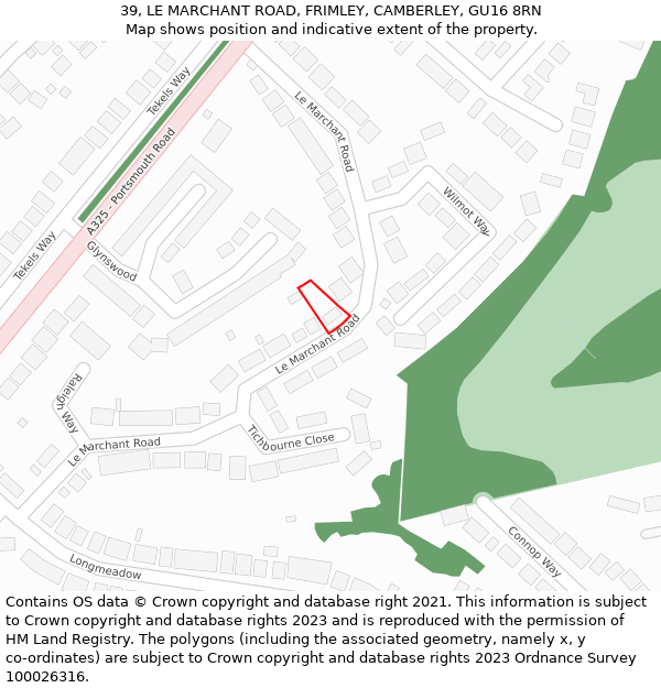 39, LE MARCHANT ROAD, FRIMLEY, CAMBERLEY, GU16 8RN: Location map and indicative extent of plot
