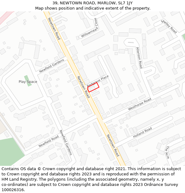 39, NEWTOWN ROAD, MARLOW, SL7 1JY: Location map and indicative extent of plot