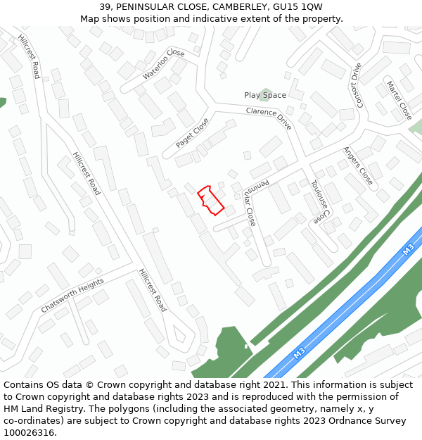 39, PENINSULAR CLOSE, CAMBERLEY, GU15 1QW: Location map and indicative extent of plot