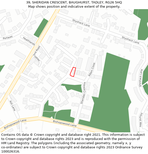 39, SHERIDAN CRESCENT, BAUGHURST, TADLEY, RG26 5HQ: Location map and indicative extent of plot