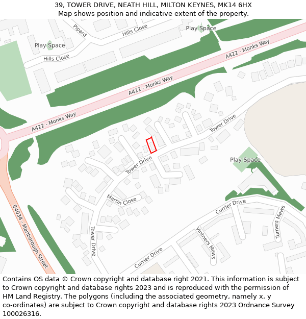 39, TOWER DRIVE, NEATH HILL, MILTON KEYNES, MK14 6HX: Location map and indicative extent of plot