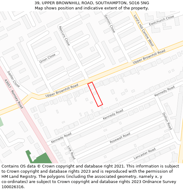 39, UPPER BROWNHILL ROAD, SOUTHAMPTON, SO16 5NG: Location map and indicative extent of plot