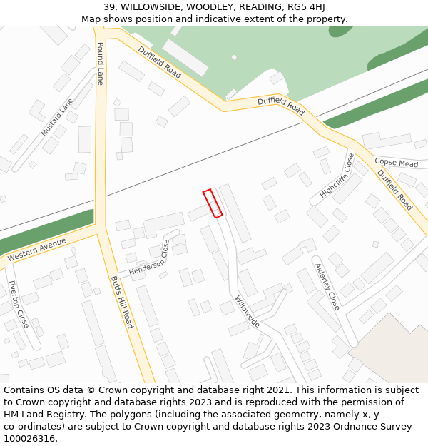 39, WILLOWSIDE, WOODLEY, READING, RG5 4HJ: Location map and indicative extent of plot