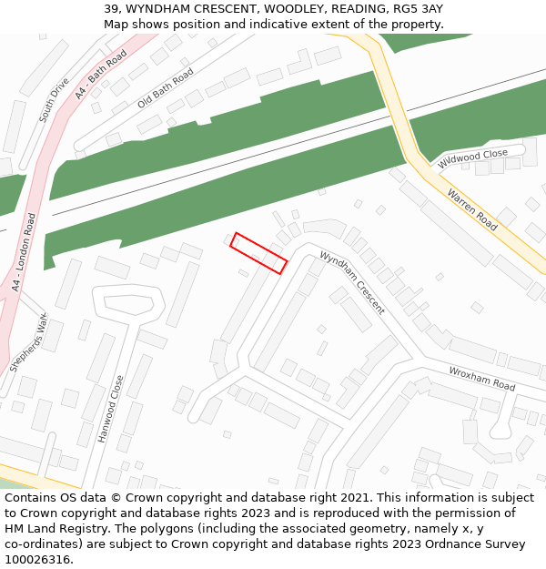 39, WYNDHAM CRESCENT, WOODLEY, READING, RG5 3AY: Location map and indicative extent of plot