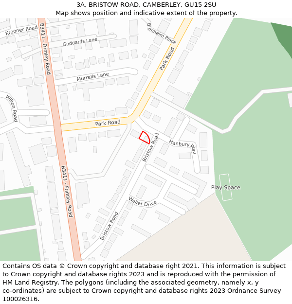 3A, BRISTOW ROAD, CAMBERLEY, GU15 2SU: Location map and indicative extent of plot
