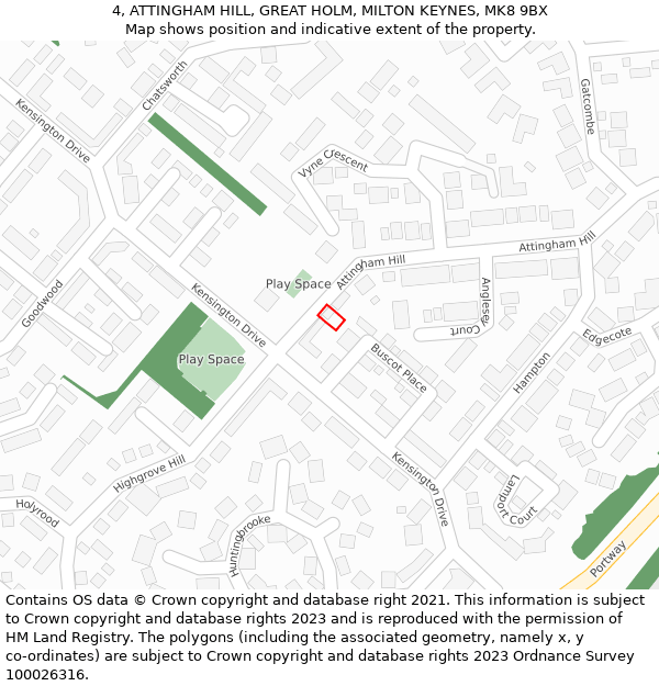 4, ATTINGHAM HILL, GREAT HOLM, MILTON KEYNES, MK8 9BX: Location map and indicative extent of plot