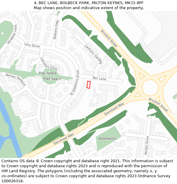 4, BEC LANE, BOLBECK PARK, MILTON KEYNES, MK15 8PF: Location map and indicative extent of plot