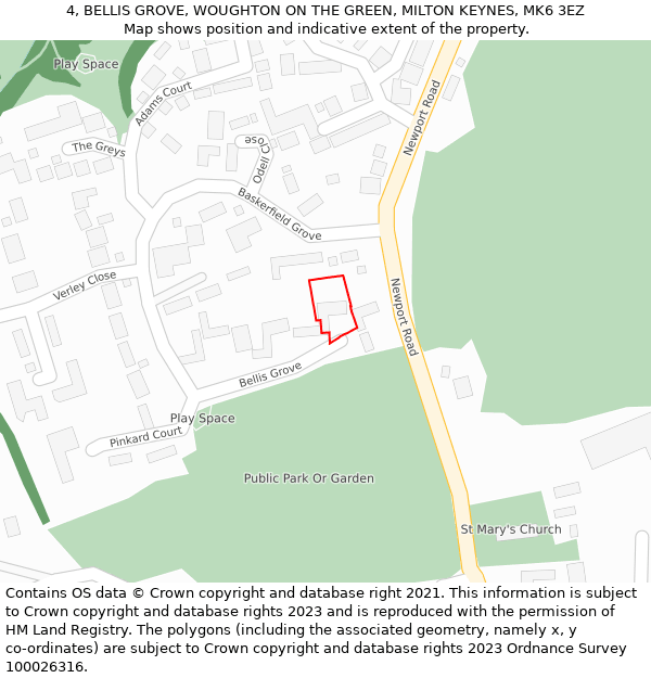 4, BELLIS GROVE, WOUGHTON ON THE GREEN, MILTON KEYNES, MK6 3EZ: Location map and indicative extent of plot