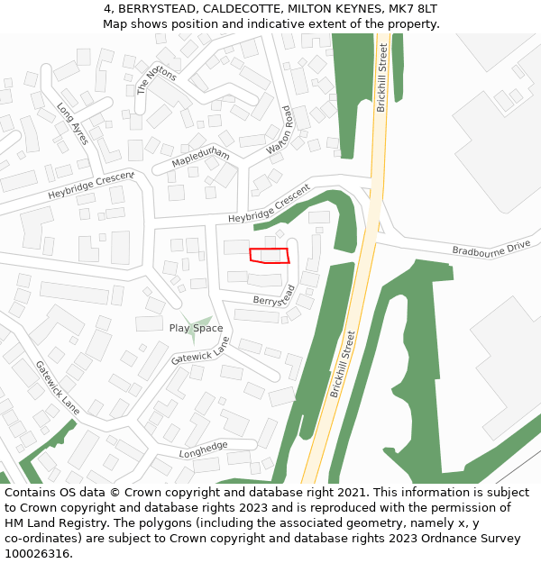 4, BERRYSTEAD, CALDECOTTE, MILTON KEYNES, MK7 8LT: Location map and indicative extent of plot