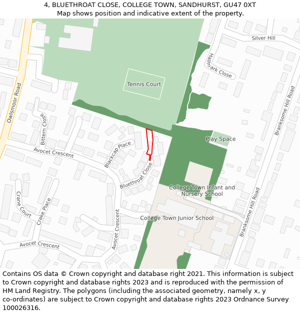 4, BLUETHROAT CLOSE, COLLEGE TOWN, SANDHURST, GU47 0XT: Location map and indicative extent of plot