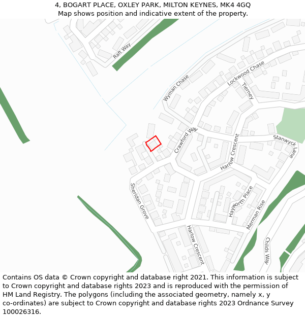 4, BOGART PLACE, OXLEY PARK, MILTON KEYNES, MK4 4GQ: Location map and indicative extent of plot
