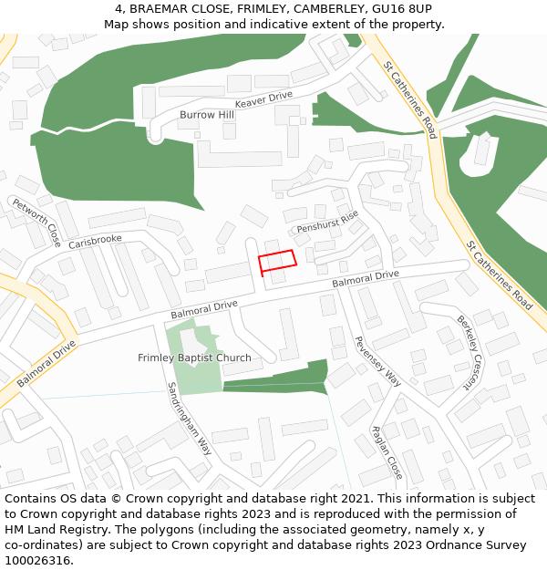 4, BRAEMAR CLOSE, FRIMLEY, CAMBERLEY, GU16 8UP: Location map and indicative extent of plot