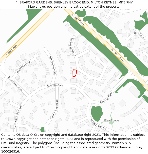 4, BRAFORD GARDENS, SHENLEY BROOK END, MILTON KEYNES, MK5 7HY: Location map and indicative extent of plot