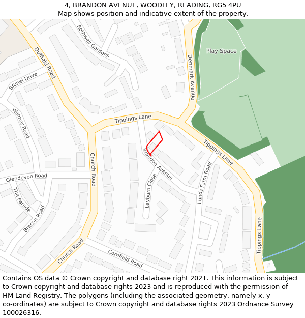 4, BRANDON AVENUE, WOODLEY, READING, RG5 4PU: Location map and indicative extent of plot