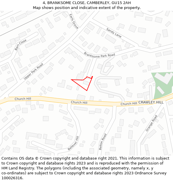 4, BRANKSOME CLOSE, CAMBERLEY, GU15 2AH: Location map and indicative extent of plot