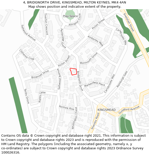 4, BRIDGNORTH DRIVE, KINGSMEAD, MILTON KEYNES, MK4 4AN: Location map and indicative extent of plot