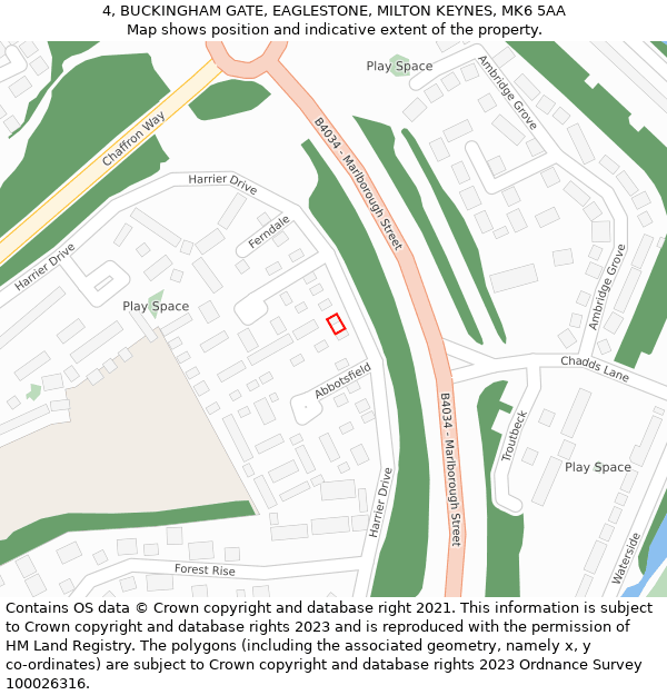 4, BUCKINGHAM GATE, EAGLESTONE, MILTON KEYNES, MK6 5AA: Location map and indicative extent of plot