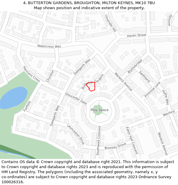 4, BUTTERTON GARDENS, BROUGHTON, MILTON KEYNES, MK10 7BU: Location map and indicative extent of plot