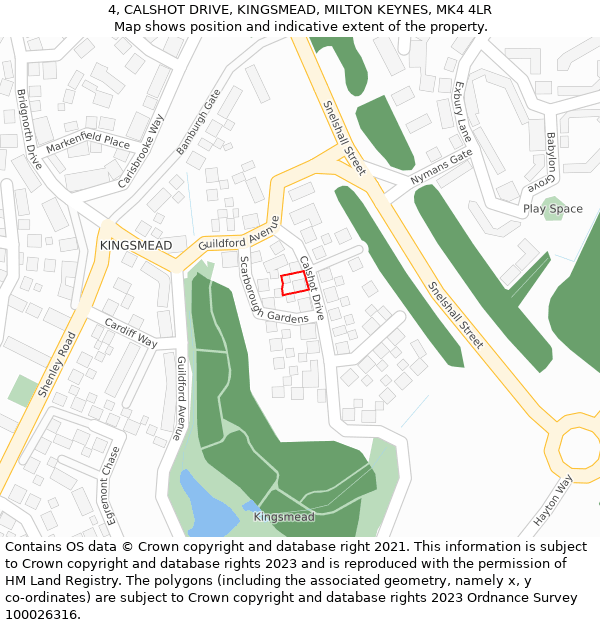 4, CALSHOT DRIVE, KINGSMEAD, MILTON KEYNES, MK4 4LR: Location map and indicative extent of plot