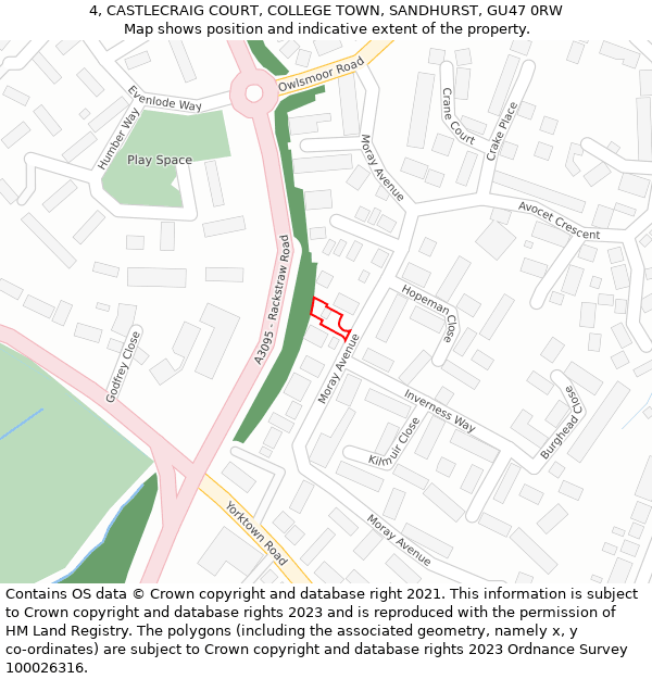 4, CASTLECRAIG COURT, COLLEGE TOWN, SANDHURST, GU47 0RW: Location map and indicative extent of plot