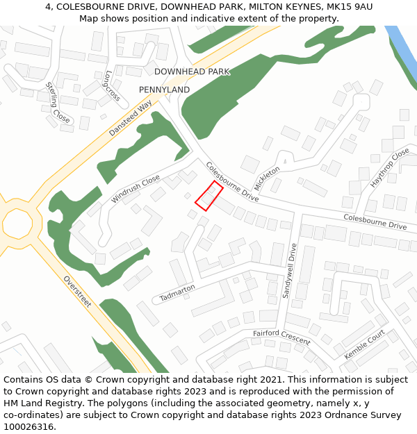 4, COLESBOURNE DRIVE, DOWNHEAD PARK, MILTON KEYNES, MK15 9AU: Location map and indicative extent of plot