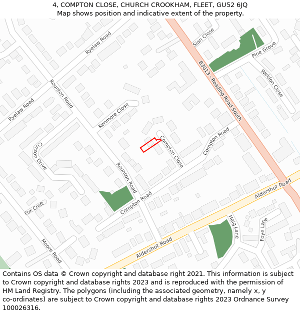 4, COMPTON CLOSE, CHURCH CROOKHAM, FLEET, GU52 6JQ: Location map and indicative extent of plot