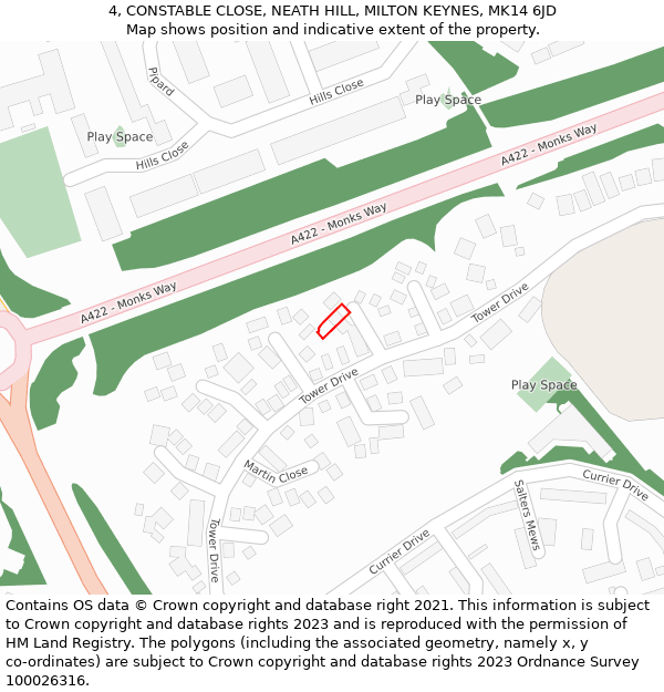 4, CONSTABLE CLOSE, NEATH HILL, MILTON KEYNES, MK14 6JD: Location map and indicative extent of plot