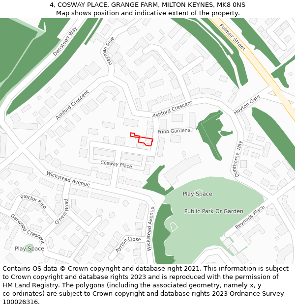 4, COSWAY PLACE, GRANGE FARM, MILTON KEYNES, MK8 0NS: Location map and indicative extent of plot