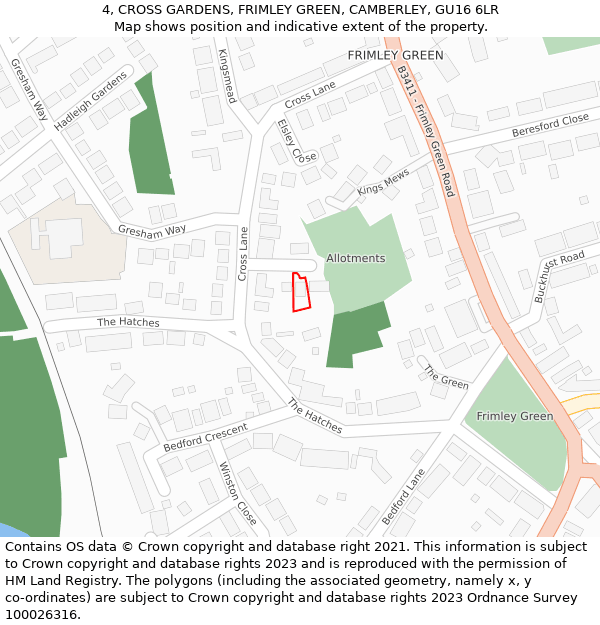 4, CROSS GARDENS, FRIMLEY GREEN, CAMBERLEY, GU16 6LR: Location map and indicative extent of plot