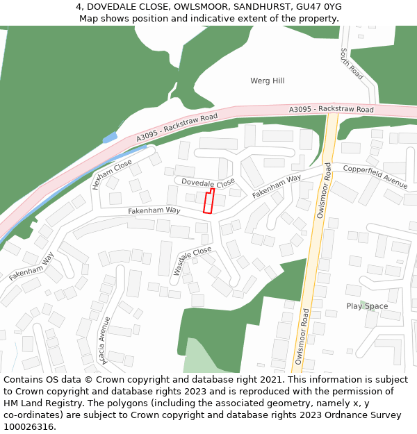 4, DOVEDALE CLOSE, OWLSMOOR, SANDHURST, GU47 0YG: Location map and indicative extent of plot