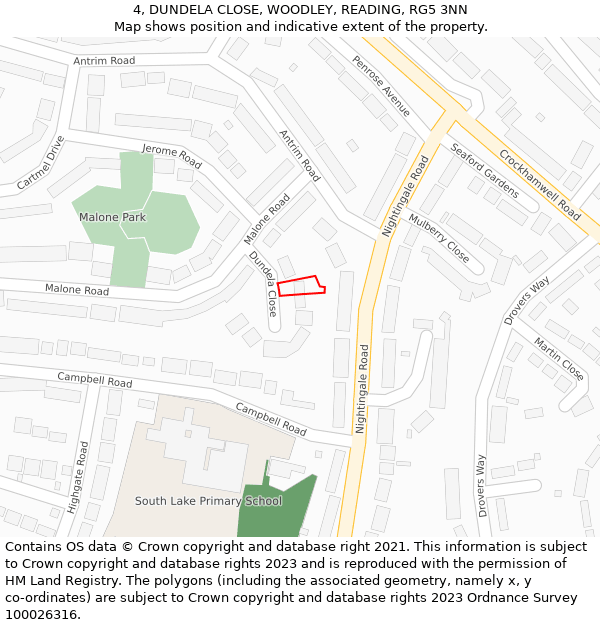 4, DUNDELA CLOSE, WOODLEY, READING, RG5 3NN: Location map and indicative extent of plot