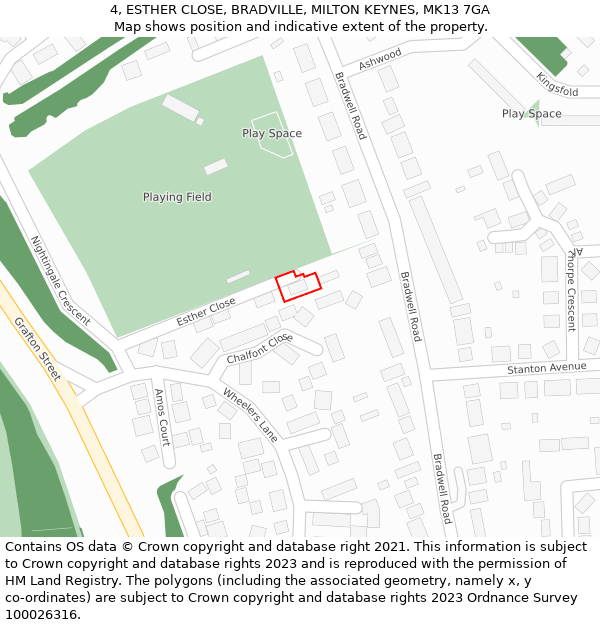 4, ESTHER CLOSE, BRADVILLE, MILTON KEYNES, MK13 7GA: Location map and indicative extent of plot