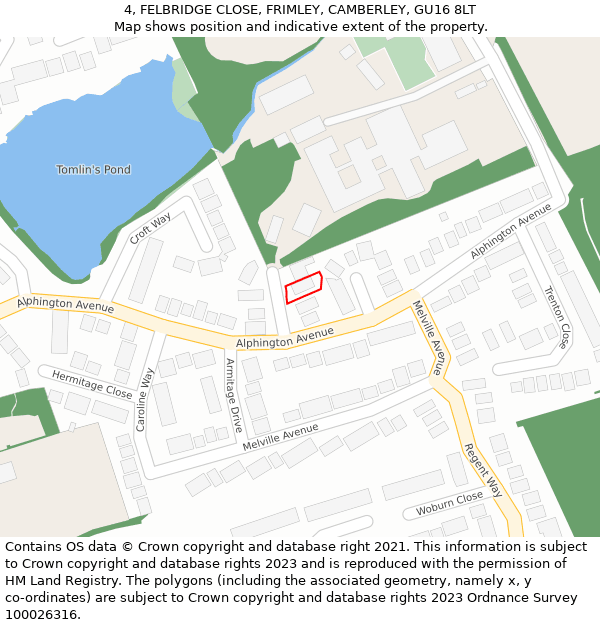 4, FELBRIDGE CLOSE, FRIMLEY, CAMBERLEY, GU16 8LT: Location map and indicative extent of plot