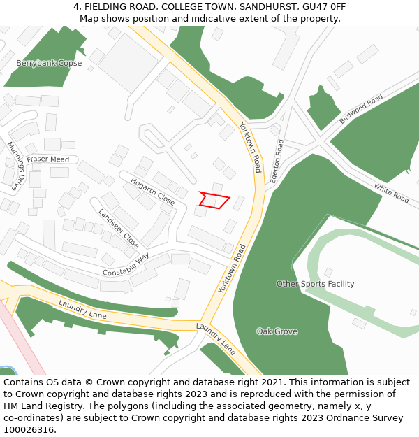 4, FIELDING ROAD, COLLEGE TOWN, SANDHURST, GU47 0FF: Location map and indicative extent of plot