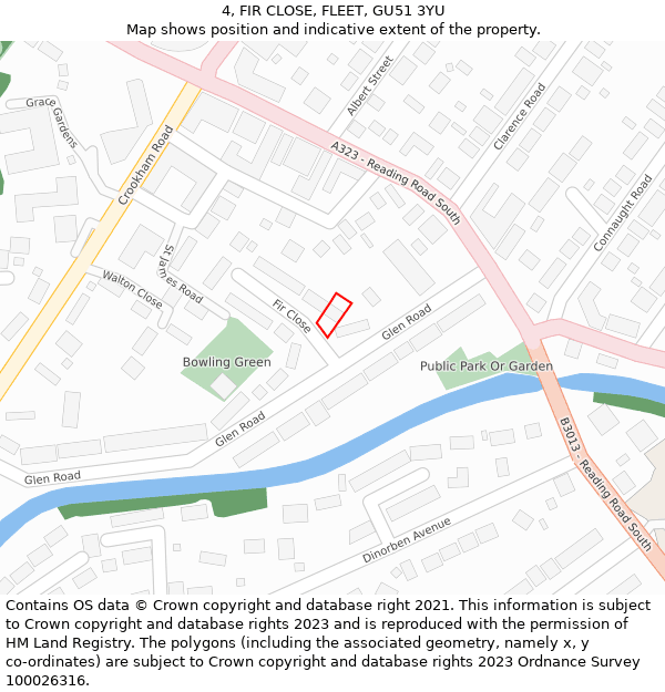 4, FIR CLOSE, FLEET, GU51 3YU: Location map and indicative extent of plot