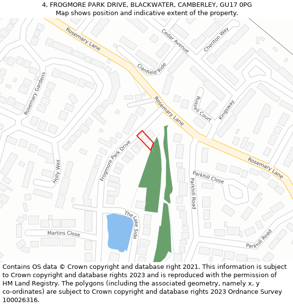 4, FROGMORE PARK DRIVE, BLACKWATER, CAMBERLEY, GU17 0PG: Location map and indicative extent of plot