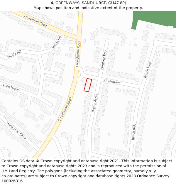 4, GREENWAYS, SANDHURST, GU47 8PJ: Location map and indicative extent of plot