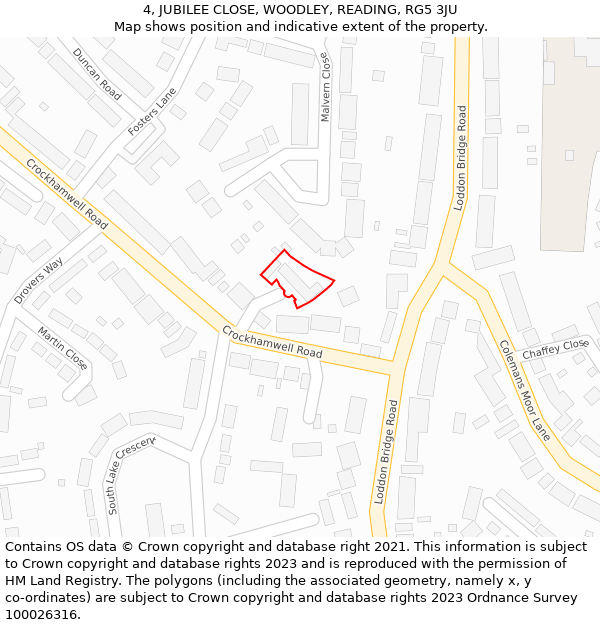 4, JUBILEE CLOSE, WOODLEY, READING, RG5 3JU: Location map and indicative extent of plot