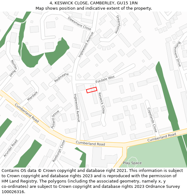 4, KESWICK CLOSE, CAMBERLEY, GU15 1RN: Location map and indicative extent of plot
