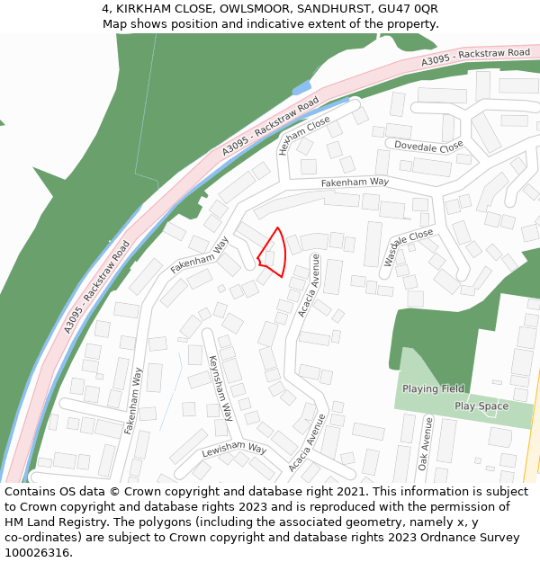 4, KIRKHAM CLOSE, OWLSMOOR, SANDHURST, GU47 0QR: Location map and indicative extent of plot