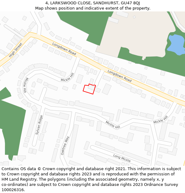 4, LARKSWOOD CLOSE, SANDHURST, GU47 8QJ: Location map and indicative extent of plot