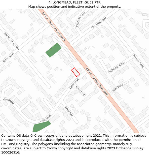 4, LONGMEAD, FLEET, GU52 7TR: Location map and indicative extent of plot