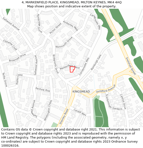 4, MARKENFIELD PLACE, KINGSMEAD, MILTON KEYNES, MK4 4AQ: Location map and indicative extent of plot